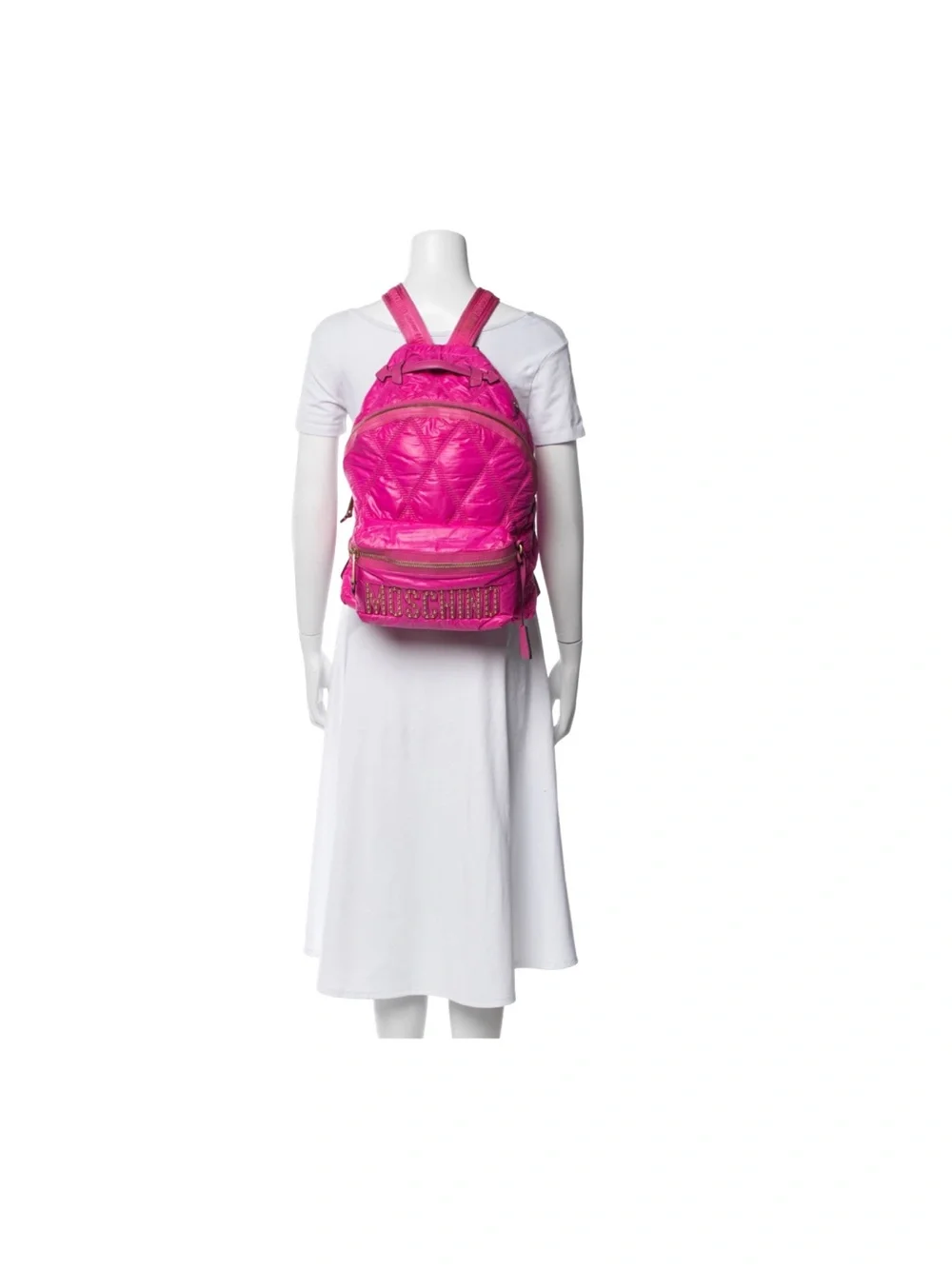 Moschino Quilted Hot Pink Large Nylon Backpack w/ Gold Studded Logo